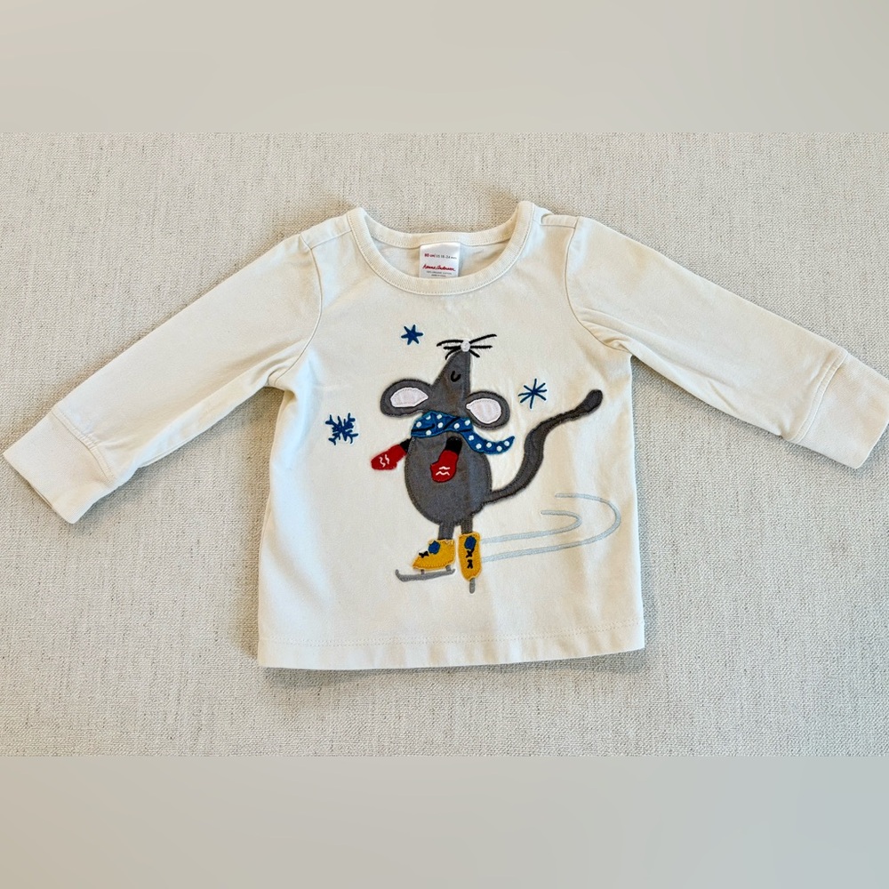 Hanna Andersson Cream Long Sleeve Tee with Skating Mouse Sz 12-18M